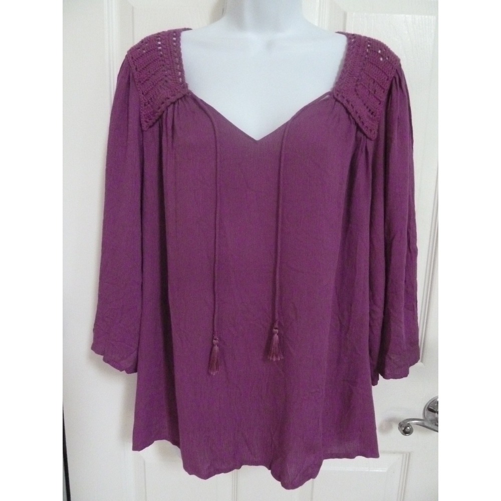 Democracy XL Purple Blouse Crochet Shoulder Boho Peasant Tassel B9253H8SM